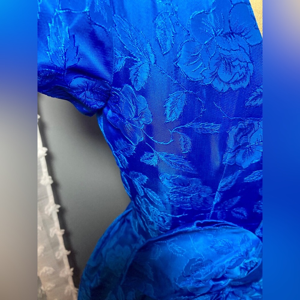 Royal blue vintage retro floral cocktail dress 50s/60 midi aline bow prom madmen - Picture 11 of 13